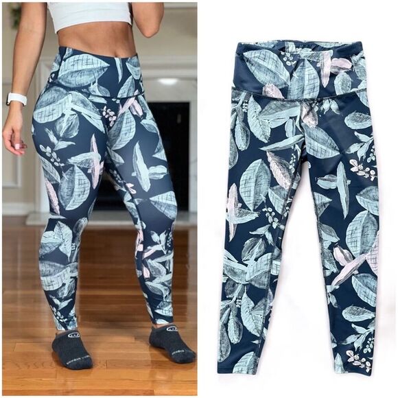 Apana Blue Tropical Floral Leaf Print Leggings - Picture 1 of 9